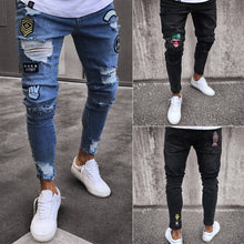 2018 Fashion Mens Jeans Fortnite Skinny Rip Slim Stretch Denim Distress Frayed Biker Jeans Boys Embroidered Pencil Trousers